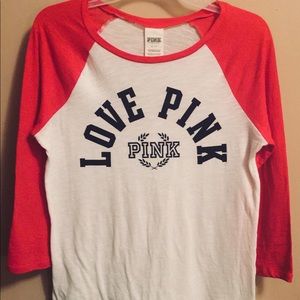 “Pink” red white and blue baseball tee.